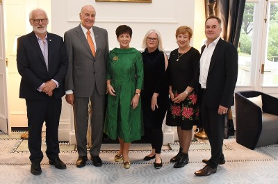 Image of Dame Patsy and Sir David with current NZFC CEO Annabelle Sheehan and former CEOs Dave Gibson, Ruth Harley and Graeme Mason 