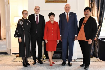 Image of HE Mr Dmytro Senik, Ambassador of Ukraine with Dame Patsy, Sir David, Minister for Maori Development, Hon Nanaia Mahuta and Mrs Yevheniia Yemshenetska
