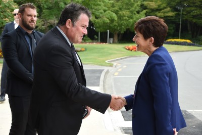 Image of Dame Patsy being greeted by Palmerston North Mayor, Grant Smith