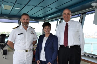 an image of Dame Patsy and Sir David with Commander Matt Wray of HMNZS Canterbury