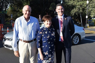 Image of Dame Patsy and Sir David being welcomed by Steve A0rmitage, General Manager-Destination, Auckland Tourism, Events and Economic Development 