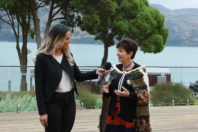 Image of Dame Patsy being interviewed by Hinepounamu Porter for the Ngai Tahu live stream