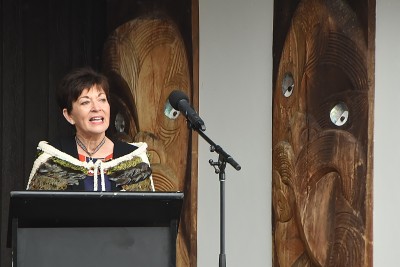 Image of Dame Patsy speaking at Onuku Marae