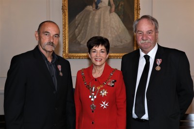 Dame Patsy with Mr Pete Dixon and Mr Pete Donaldson, honoured for service to the Coastguard