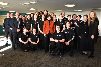 Dame Patsy with Kings High and Queens High students who performed waiata