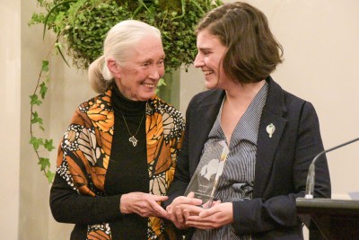 Image of Chloe Swarbrick receiving her Jane Goodall Trailblazer Award