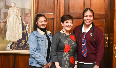 Dame Patsy with two Te Te Huringa o Te Tai o Nga Wahine students
