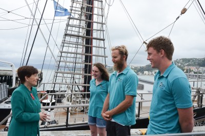 mage of On board the 'Spirit of New Zealand' with Ship's Master Nic Charrington and crew Hannah and Callum