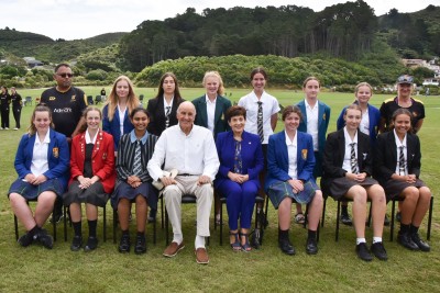 Wellington Schoolgirls Invitation XI photo with Dame Patsy and Sir David