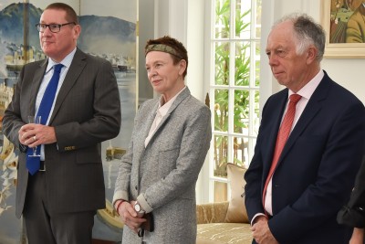 Image of  Laurie Anderson with Brian Finn and Festival Executive Chair Geoff Dangerfield.