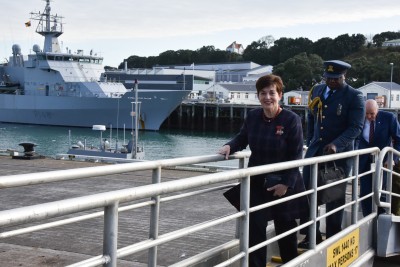 Image of Dame Patsy arriving aboard the HMNZS Aotearoa