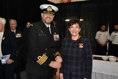 Image of Dame Patsy with HMNZS Aotearoa's Commanding Officer Captain Simon Rooke 