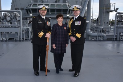 Image of Dame Patsy with HMNZS Aotearoa's Commanding Officer Captain Simon Rooke and Chief of Navy Rear Admiral David Proctor