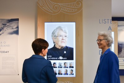 Image of video of the late Sr Catherine Hannan in the museum