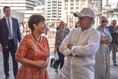 Image of Dame Patsy with Art Fair representative Robert Jahnke who responded to the welcome