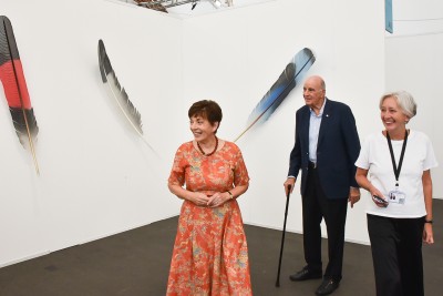 Image of Dame Patsy with Neil Dawson works