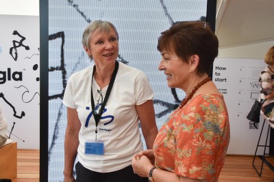 Image of Dame Patsy with Sue Gardiner from Squiggla, a creative mark-making programme