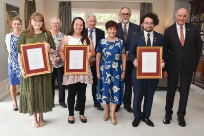 Image of Dame Patsy and Sir David with the three 2020 Sir George Elliot Tertiary Scholarship winners and the trustees