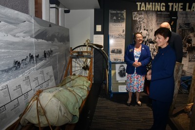 Dame Patsy with a sled used by Sir Ed Hillary in the Antarctic