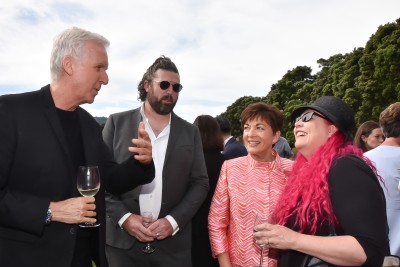 Dame Patsy with James Cameron, Toby Morris, and Siouxsie Wiles