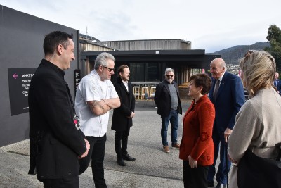 Image of Dame Patsy meeting New Zealander Vinnie Trim,  Executive Chef at MONA - The Museum of Old and New Art