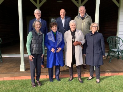 Image of Dame Patsy and others outside the tennis pavillion at Government House in Hobart
