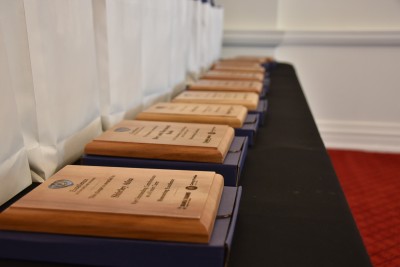 A table with awards on them