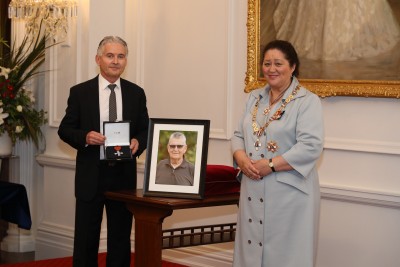 Dame Cindy with Peter Chemis, on behalf of the late Mr John Chemis, of Gisborne, MZNM for services to education 