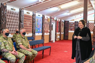 Dame Cindy speaking to NZDF personnel in the marae