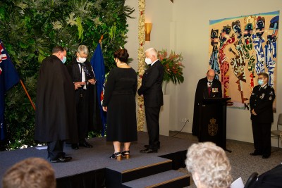 Dame Cindy and Dr Davies receiving their insignia
