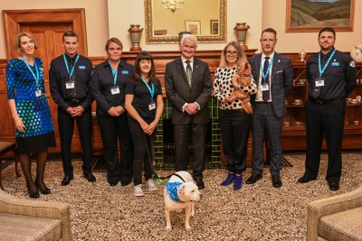 Dr Davies with the SPCA Inspectorate team, David Broderick, Chairman of the SPCA Board, Andrea Midgen, Chief Executive of the SPCA, plus Fedya and Hebe