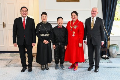 HE Mr Davaasuren Damdinsuren, Ambassador of Mongolia, Mrs Dulamsuren Javzandulam, Suld-Od Davaasuren, Dame Cindy Kiro, and Dr Richard Davies