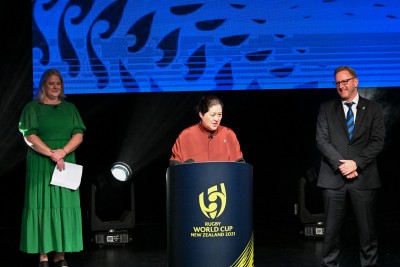 Dame Cindy speaking at the Rugby World Cup Captain' Medals event