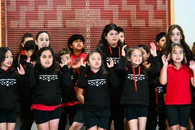 Tamariki from Arowhenua Maori School with a waiata during the powhiri