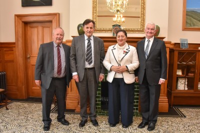 Dame Cindy and Dr Davies with Mr Austin Forbes, KC, CNZM, President of the Royal Humane Society and Mr Simon Duncan, Director of the Royal Humane Society