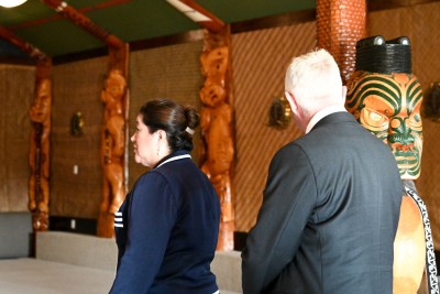 Their Excellencies have a look inside Te Taua Moana Marae