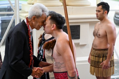 HE Mr Afamasaga Faamatalaupu Tolefoa greeting a member of the cultural party