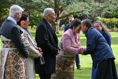 Dame Cindy and His Highness greet Kalapu Masoe from Naenae Primary School