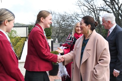Dame Cindy meeting Anna Wilson, Head Prefect at Woodford House