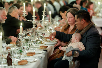 Guests enjoying the meal in the ballroom