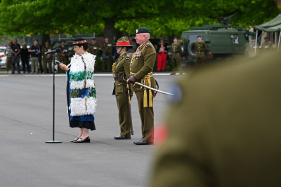 Dame Cindy addressing the parade grounds