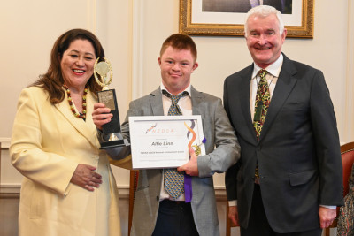 Dame Cindy and Dr Davies with National Achievement Award recipient Alfie Linn 