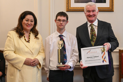 Dame Cindy and Dr Davies with National Achievement Award recipient Hamish Gilbert