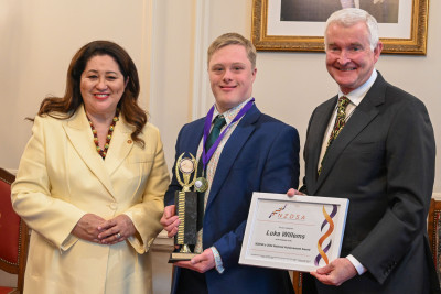 Dame Cindy and Dr Davies with National Achievement Award recipient Luka Willems