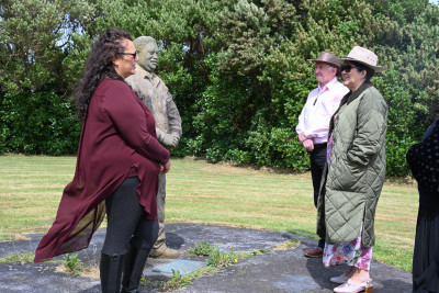 At the statue dedicated to Moriori leader,Tommy Solomon, Rana Solomon speaking to their Excellencies about his legacy 