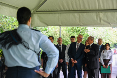 Ambassador of Bulgaria HE Mr Encho Dimitrov and Kaumātua Bobby Newson approach the haka pōwhiri 