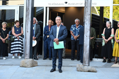 Monty Soutar welcoming guests to the exhibition