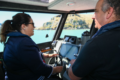 Dame Cindy at the helm of the Blue Arrow lifeboat