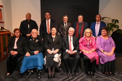 Dame Cindy and Dr Davies with Māori academics and leaders at Te Whare Wānanga o Awanuiārangi