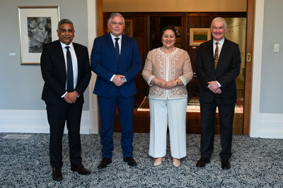 Mervin Singham, Chief Executive of the Ministry for Ethnic Communities, Hon Mark Mitchell, Minister for Ethnic Communities, Dame Cindy, and Dr Davies